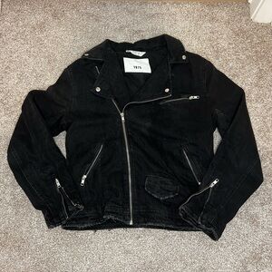 Zara 1975 Black Distressed Denim Biker Jacket - Size Medium
